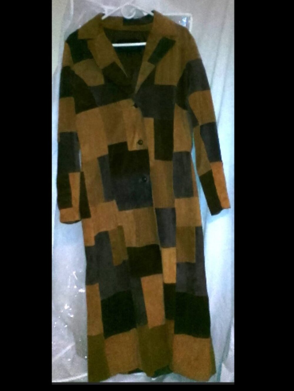 VTG Wilsons Leather Patchwork Trench Coat L Suede 70s Boho Penny Lane Duster